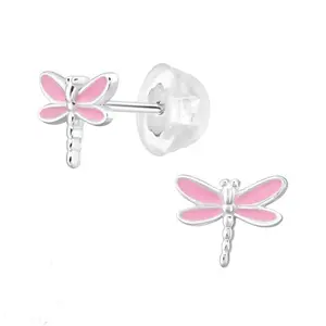 SILVER Dětské stříbrné náušničky Vážka, premium, puzetové, silikon