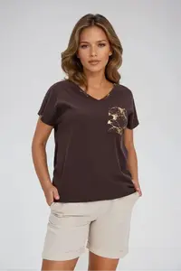 Marisse Brown Cotton T-Shirt With Decorative Pocket