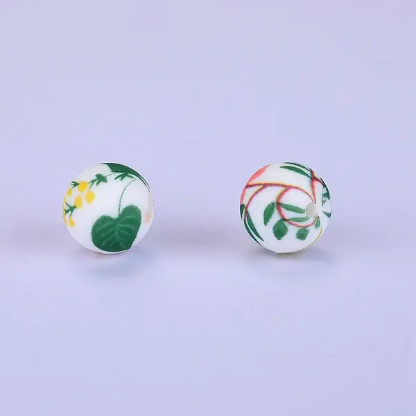 Printed Round with Leaf Pattern Silicone Focal Beads