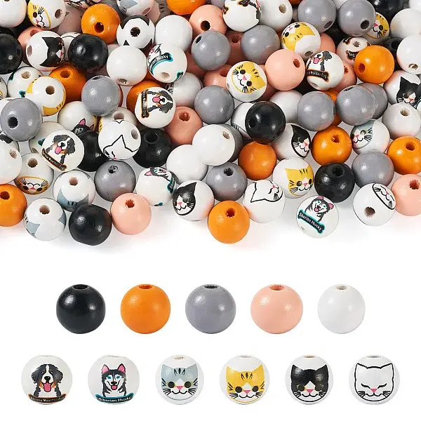 160Pcs 11 Styles Printed Cat & Dog Wood Beads