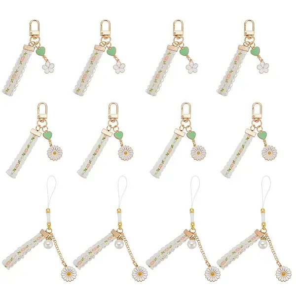 12Pcs 3 Style Alloy Enamel Mobile Straps Pearl Flower Lanyard Wrist