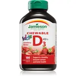 Jamieson Vitamin D3 400 IU Chewable Kids cucavé tablety pro normální funkci imunitního systému, stavu kostí a činnosti svalů příchuť Strawberry 100 tb