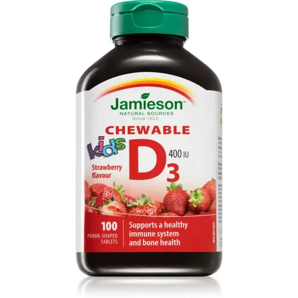 Jamieson Vitamin D3 400 IU Chewable Kids cucavé tablety pro normální funkci imunitního systému, stavu kostí a činnosti svalů příchuť Strawberry 100 tb