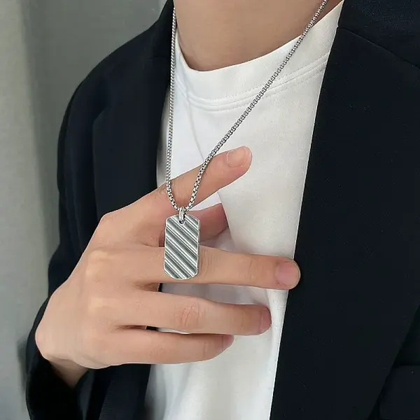 304 Stainless Steel Simple Texture Rectangle Pendant Necklaces for Men