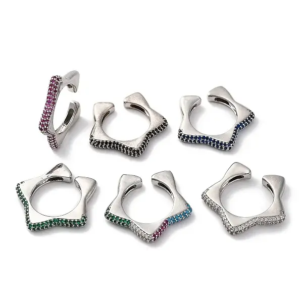 Rack Plating Star Brass Cubic Zirconia Open Cuff Rings for Women