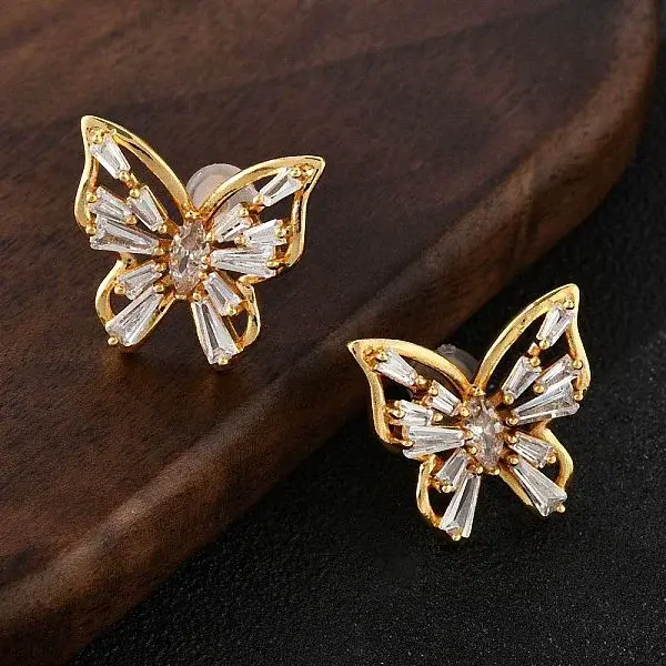 Butterfly Brass Micro Pave Cubic Zirconia Stud Earrings