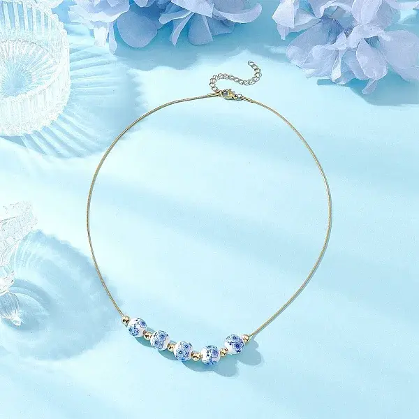 Handmade Flower Printed Porcelain Round Beaded 304 Stainless Steel Snake Chain Necklaces