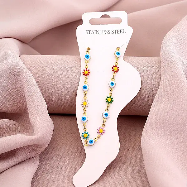 Daisy & Evil Eye 304 Stainless Steel Enamel Chain Anklets