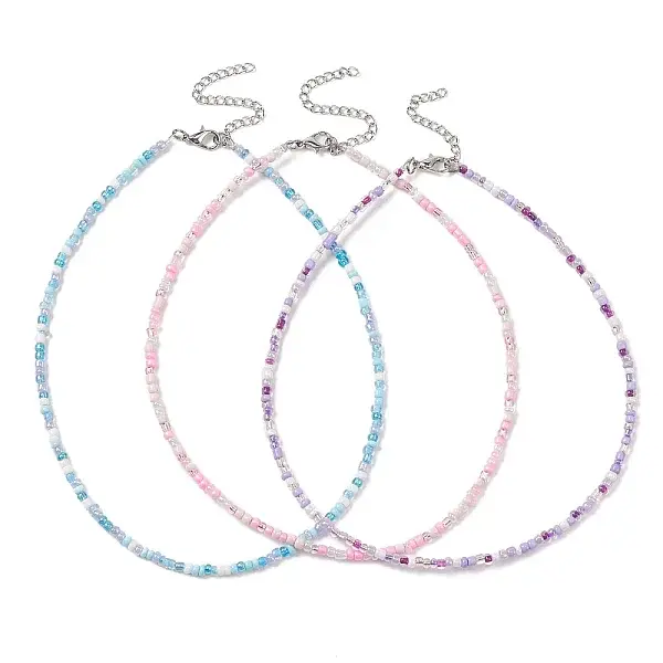 3Pcs 3 Color Glass Seed Beaded Necklaces Set
