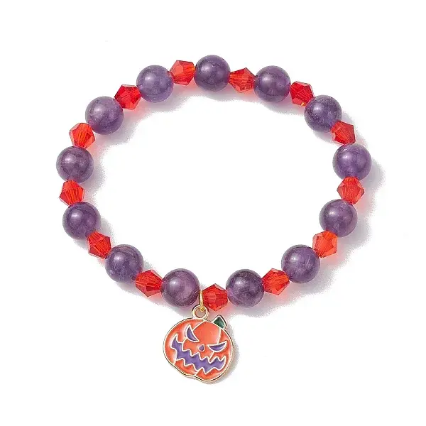 Halloween 8mm Round Natural Amethyst & Glass Beaded Stretch Bracelets