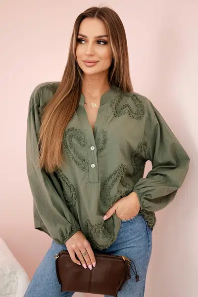 Kesi Włoski Bavlněná košilová halenka se srdíčky khaki