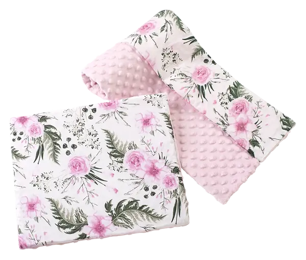 Medi Partners Quilt 75x100 + pillow 35x30 cotton + minky – Flowers + light pink minky