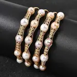Brass Wire Wrapped Natural Pearl Cuff Bangles for Women