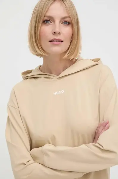 Mikina HUGO SHUFFLE_HOODIE béžová barva, s kapucí, 50490594