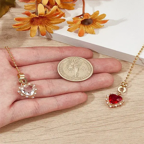2Pcs Heart Brass Cubic Zirconia Charms Ceiling Fan Pull Chain Extenders