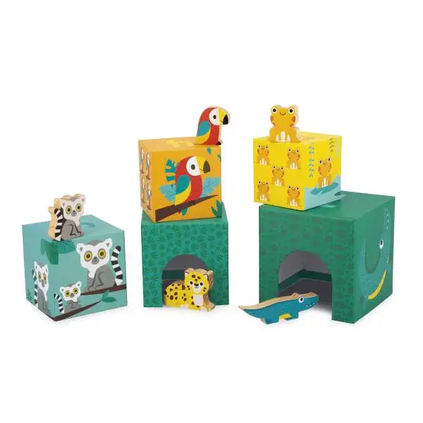 Janod Tropik Skládací pyramida z kartonu s dřevěnými zvířátky