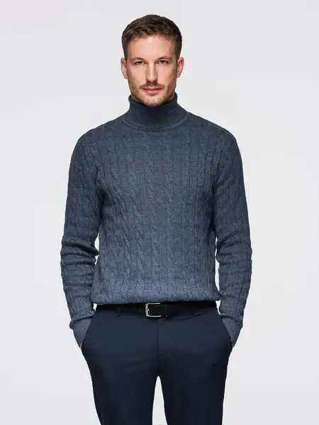 Ombre Men's turtleneck sweater with checkered weave - navy blue