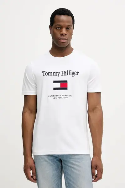 Bavlněné tričko Tommy Hilfiger pánské, bílá barva, s aplikací, MW0MW42736