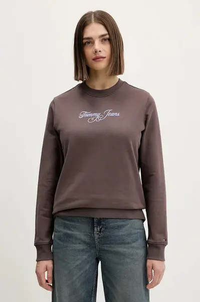 Bavlněná mikina Tommy Jeans dámská, hnědá barva, s potiskem, DW0DW21922