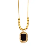 Rectangle 304 Stainless Steel Pave Natural Black Stone Pendant Necklaces for Women