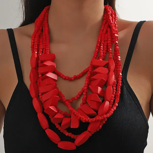 Bohemian Style Wood Geometric Beaded Multilayer Necklaces for Women