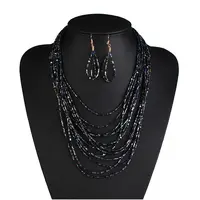 Bohemian Style Glass Seed Beaded Multilayer Necklaces & Teardrop Dangle Earrings Sets