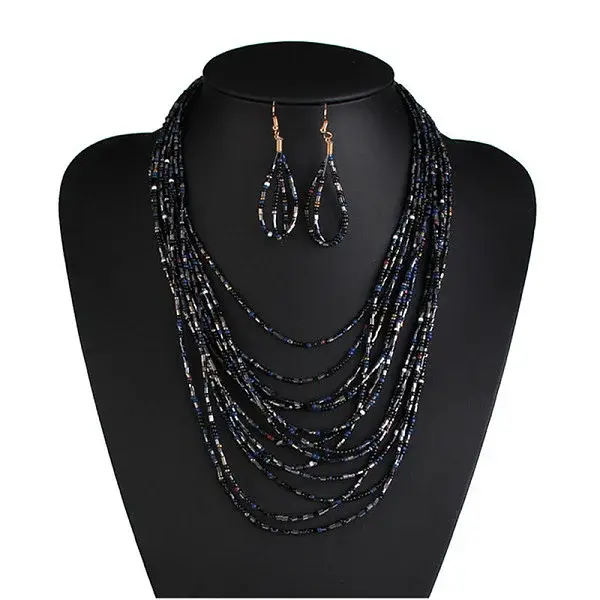 Bohemian Style Glass Seed Beaded Multilayer Necklaces & Teardrop Dangle Earrings Sets