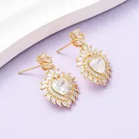 Heart Brass Micro Pave Clear Cubic Zirconia Dangle Stud Earrings