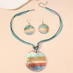 Boho Printed Natural Shell Graffiti Flat Round Pendant Earrings & Necklaces Set