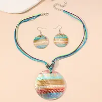 Boho Printed Natural Shell Graffiti Flat Round Pendant Earrings & Necklaces Set