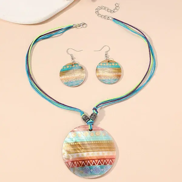 Boho Printed Natural Shell Graffiti Flat Round Pendant Earrings & Necklaces Set