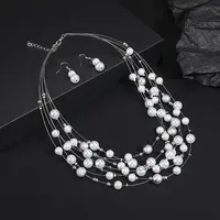 Alloy & Plastic Pearl Round Beaded Multilayer Necklace & Dangle Earring Sets