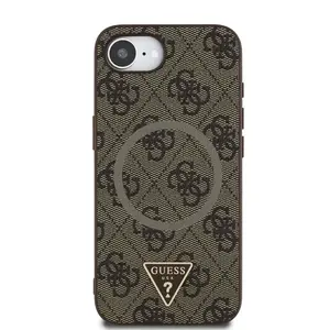 Zadní kryt Guess PU 4G Strass Triangle Metal Logo pro Apple iPhone 16e, hnědá