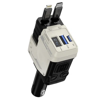 A1 66W 4 in 1 Car Phone Charger with Retractable Cable 180Â° Free Adjustment USB/Type-C Dual Interface & PD Fast Charge - White