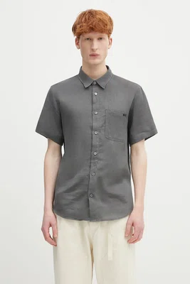 Lněná košile A.P.C. chemisette bellini logo pánská, šedá barva, relaxed, s klasickým límcem, LIAEK.H12551