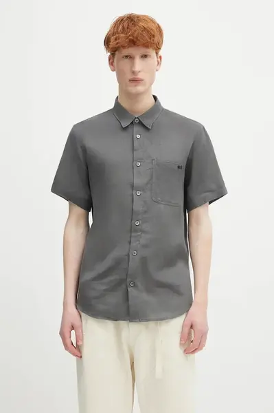 Lněná košile A.P.C. chemisette bellini logo pánská, šedá barva, relaxed, s klasickým límcem, LIAEK.H12551