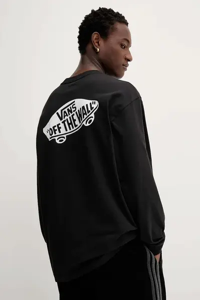 Bavlněné tričko s dlouhým rukávem Vans černá barva, s potiskem, VN000R7AY281