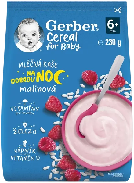 GERBER Cereal mliečna kaša malinová Dobrú noc 230 g