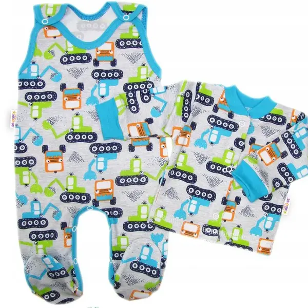 Baby Nellys 2D sada, bavlněné dupačky s košilkou Bagr, šedá, 56