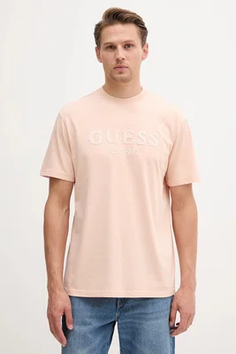 Bavlněné tričko Guess pánské, oranžová barva, s aplikací, M5YI17 I3Z14