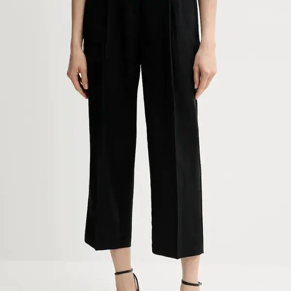 Lněné kalhoty Sisley dámské, černá barva, široké, high waist, 4AGHLF06R