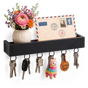 Relaxdays VĚŠÁK na klíče černý bambus 6 háčků police 26 cm