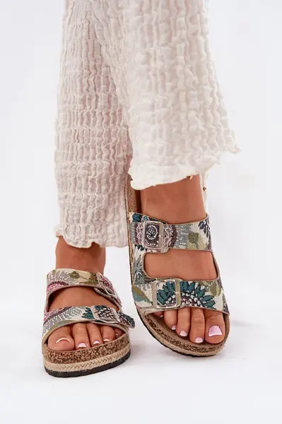 Vzorované dámské pantofle na korkové platformě s přezkami Lee Cooper