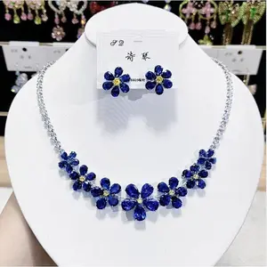 Flower Brass Micro Pave Cubic Zirconia Necklaces & Stud Earrings Sets