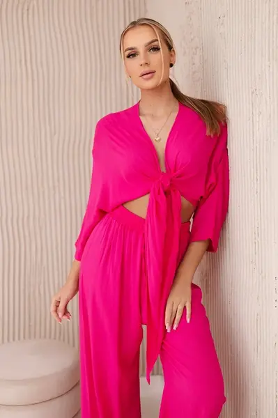 Dámský komplet halenka se zavazováním + kalhoty - fuchsiová