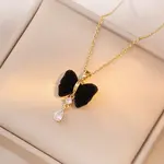 Christmas 304 Stainless Steel Rhinestone and Flocking Fabric Bowknot Pendant Necklaces for Women