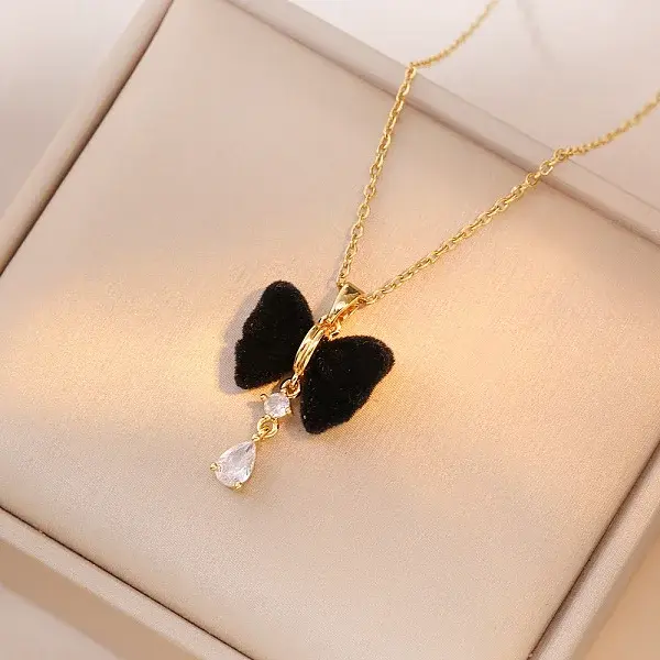 Christmas 304 Stainless Steel Rhinestone and Flocking Fabric Bowknot Pendant Necklaces for Women