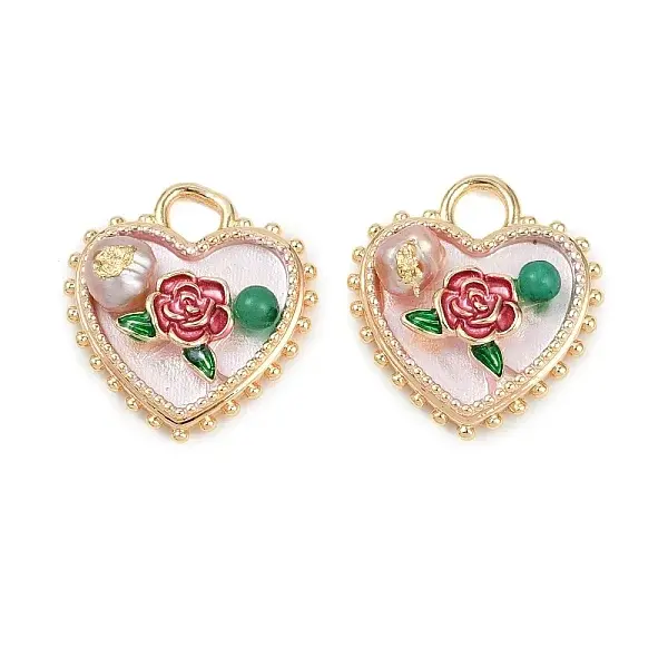 Brass Enamel & Natural Pearl Heart with Rose Flower Pendants
