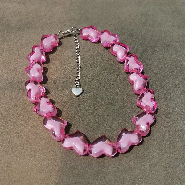 Valentine's Day Acrylic Bead in Bead Heart Beaded Necklaces with Alloy End Chains