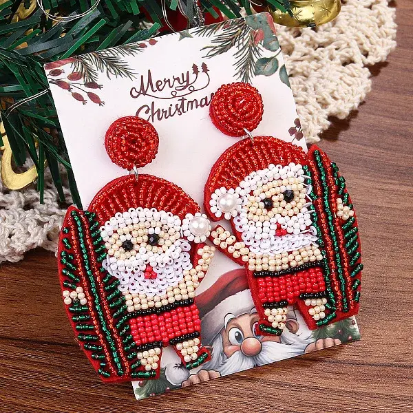 Christmas Plastic Seed Beads & Cloth Dangle Stud Earrings